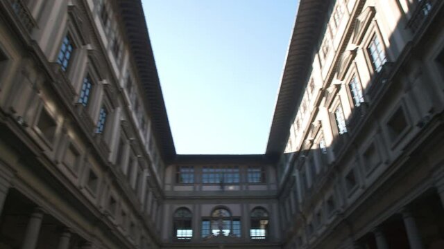 Piazzale degli Uffizi Exterior of Uffizi Gallery and Museum Florence Tuscany Italy near the Ponte Vecchio adjacent to Piazza della Signoria. Camera pans from one side of the courtyard to the other.
.