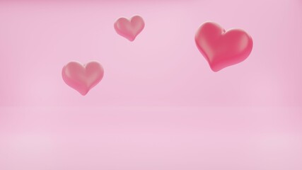 lovely 3 hearts floating on pink background for Valentine's day. 3d hearts rendering background, 3d heart on pink background, lovely 3d Valentine's postcard design, cute pink Valentines wallpaper. 