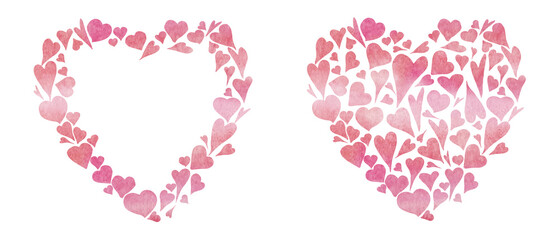 Watercolor two Happy Valentines Day red and pink hearts frame on white