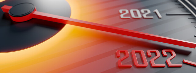 Happy New Year background for 2022 with speedometer. 3D illustration