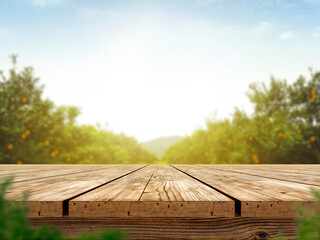 Empty wooden table with more space than orange trees, orange field background for product display montage