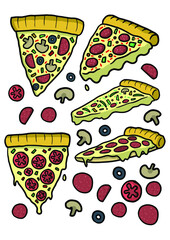 Hand Drawn Delicious Food Pizza Slices & Ingredients