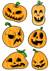Halloween Themed Carved Pumpkin Scary Faces Hand Drawn Illustrations