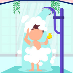 A child is taking a bath while soaping in a bathroom. Vector colorful illustration. Bath activity.