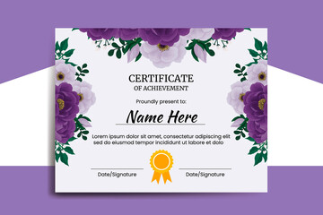 Certificate Template Purple Peony Flower watercolor Digital hand drawn