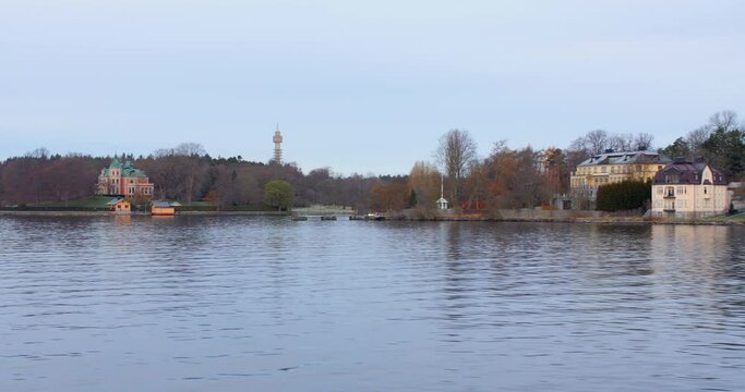 Villa Tacka Udden A Historial Landmark In Djurgarden From A Boat Sailing At Stockholm Archipelago In Sweden. - POV