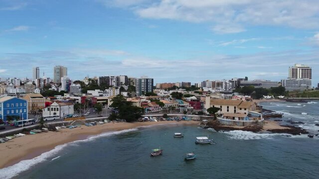 Aerial View of Rio Vermelho Beach. Salvador of Carnival, state of Bahia Brazil. Tropical Travel Destination Aerial landscape of Coastal City.