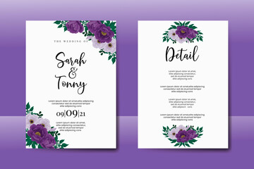Wedding invitation frame set, floral watercolor Digital hand drawn Purple Peony flower design Invitation Card Template