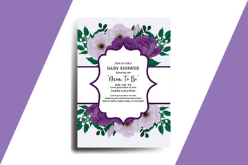 Baby Shower Greeting Card Purple Peony Flower Design Template
