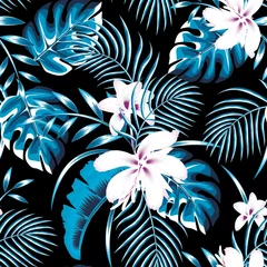 Photo sur Plexiglas Bleu foncé Motif tropical harmonieux à la mode avec une plante bleu vif et des feuilles sur fond sombre. Fond de motif floral vectorielle continue de feuille de jungle. Fond d& 39 écran jungle exotique. texture d& 39 été à la mode