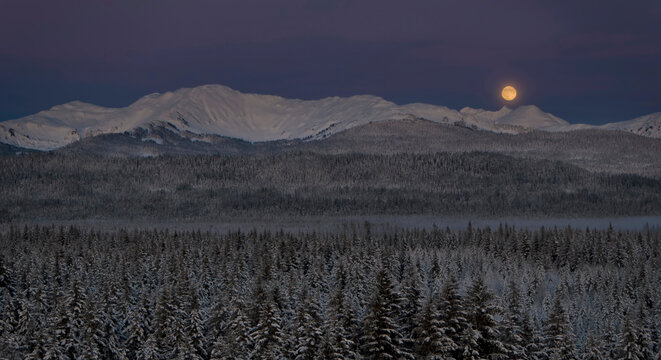 Full moon over snowy mountains with forest
