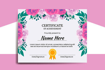 Certificate Template Rose with Camellia flower watercolor Digital hand drawn