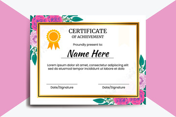 Certificate Template Rose with Camellia flower watercolor Digital hand drawn