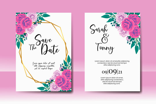 Wedding invitation frame set, floral watercolor Digital hand drawn Rose with Camellia flower design Invitation Card Template