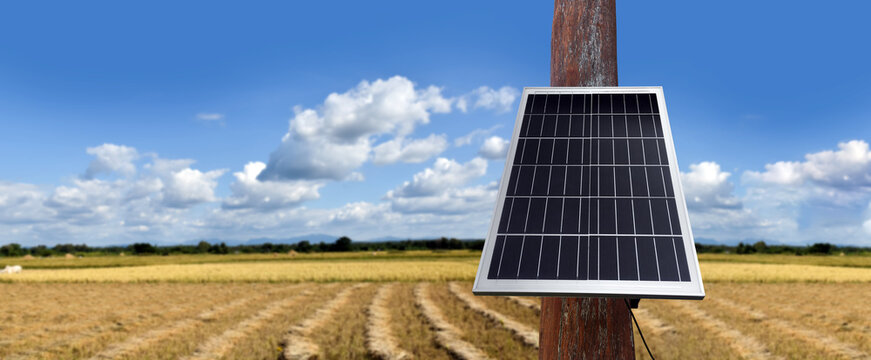 Mini Solar Cell Panel Installed On Wooden Pole To Store And Use The Energy From The Sun With Rice Paddy Filed Of Asian Farmer. Soft And Selective Focus.