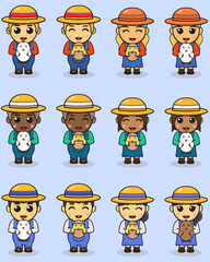 Vector illustration cartoon of cute farmer and chicken. Design isolated flat cartoon style. Cartoon flat vector collection isolated on white background.