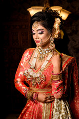 Portrait of very beautiful young Indian bride in luxurious bridal costume with makeup and heavy...