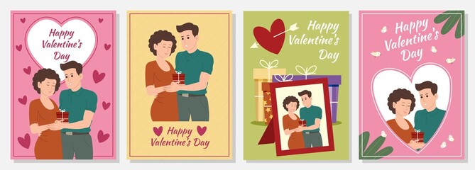 Fototapeta na wymiar Happy Valentine's Day set of cards, posters, postcards with the image of a happy romantic couple in love in A4 format.