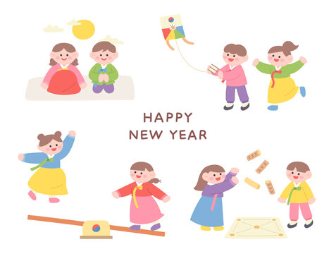 Cute children in Korean traditional clothes are playing traditional games. flat design style vector illustration.