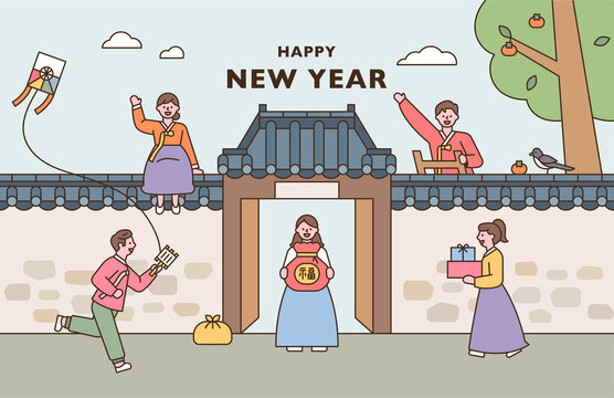 People in hanbok are greeting the new year in front of a traditional Korean house. flat design style vector illustration. 