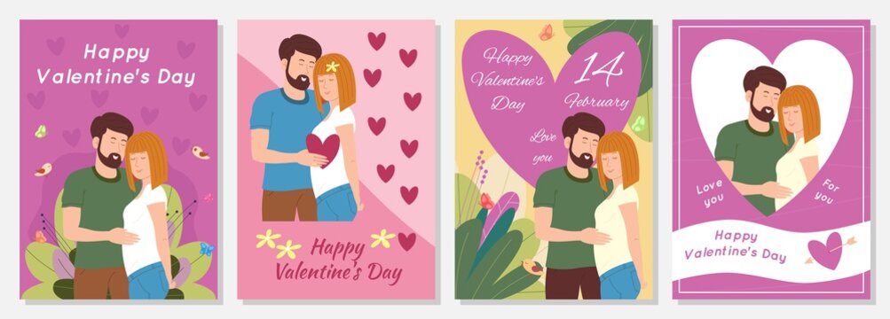 Happy Valentine's Day set of cards, posters, postcards with the image of a happy romantic couple in love in A4 format.