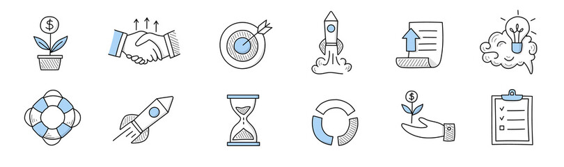 Startup doodle icons with rocket, idea sign, target, handshake and plant with money. Vector hand drawn set of symbols of start up, business strategy, finance growth and launch © klyaksun