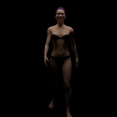 Naklejka premium Revealed skinny woman body in lingerie and long colored hair and ponytail, 3D illustration on dark background