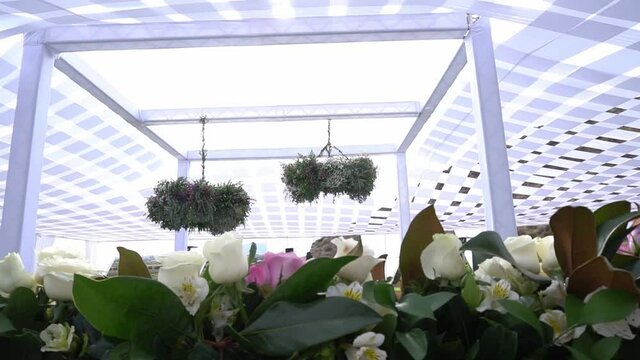 A table set up for a wedding.