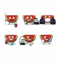 Fotobehang Cleaning service watermelon gummy candy cute cartoon character using mop © kongvector