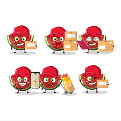 Cartoon character design of watermelon gummy candy working as a courier