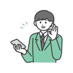 スマートフォンを操作してOKのポーズをとる学生の男の子のイラスト素材