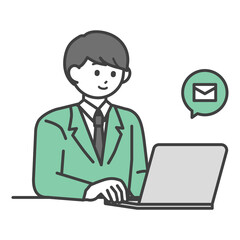 PCを操作してメールを送信する学生の男の子のイラスト素材