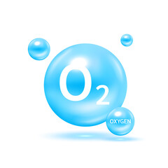 Oxygen O2 molecule models blue and chemical formulas. Natural gas. For decoration oxygen cosmetics. Ecology and biochemistry concept. on white background. 3D Vector Illustration.