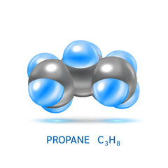 Propan gas (C3H8) molecule models and Physical chemical formulas. Natural gas combustible gaseous fuel. Ecology and biochemistry science concept. Isolated on white background. 3D Vector Illustration.