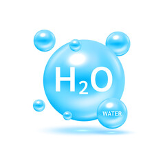 Water H2O molecule models blue and chemical formulas natural. For decoration oxygen cosmetics. Ecology and biochemistry concept. on white background. 3D Vector Illustration.