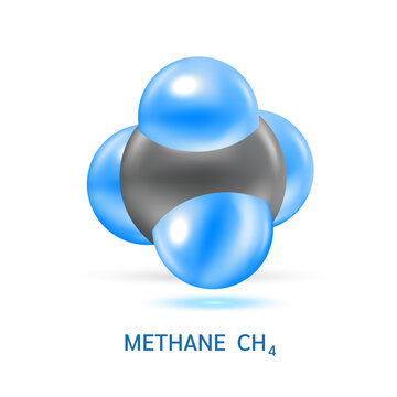 Methane gas (CH4) molecule models and Physical chemical formulas. Natural gas combustible gaseous fuel. Ecology and biochemistry science concept. Isolated on white background. 3D Vector Illustration.