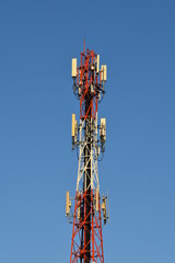 Telecommunication tower of 4G and 5G cellular. Antenna transmission communication. Cell phone signal base station.