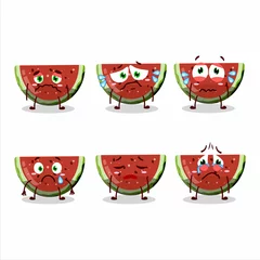 Fotobehang Watermelon gummy candy cartoon character with sad expression © kongvector