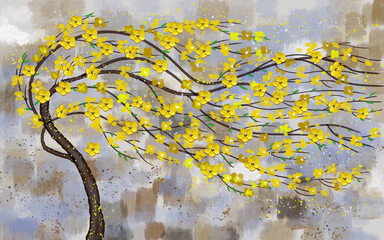 3d illustration of a thin tree curved in the wind with yellow flowers on a dark spotted grunge background - obrazy, fototapety, plakaty