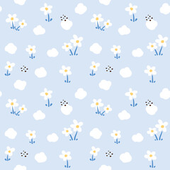 Seamless Pattern with Flower Art Design on Light Blue Background