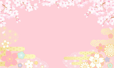 和柄の花と雲の和風なピンクのベクターイラスト背景(ひなまつり,花見,3月,4月)