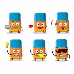 Orange eraser cartoon character with various types of business emoticons