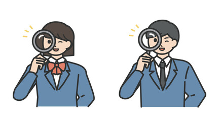 虫眼鏡を手に持つ学生の男の子と女の子のイラスト素材