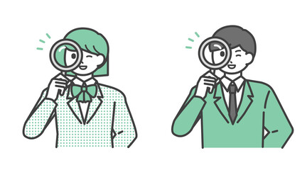 虫眼鏡を手に持つ学生の男の子と女の子のイラスト素材