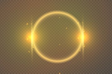 shiny frames with dust isolated on a transparent background. Luxurious realistic borders. Golden gradient frames with light. illustration of a gold rim.