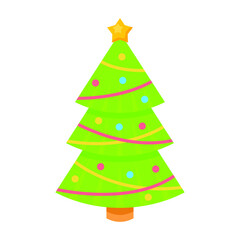 Abstract Flat Cartoon Christmas Tree With Stars And Toys Xmas Happy New Year Vector Design Style Element Isolated Protection Concept