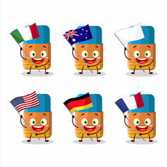 Orange eraser cartoon character bring the flags of various countries