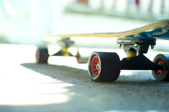An image selected focuses on the Skateboarding wheel for teenagers on vacation or outdoor and indoor extreme sports.