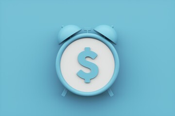 Blue alarm clock with dollar sign on blue background. Digital art. Time planning. Money and finance. 3d rendering.