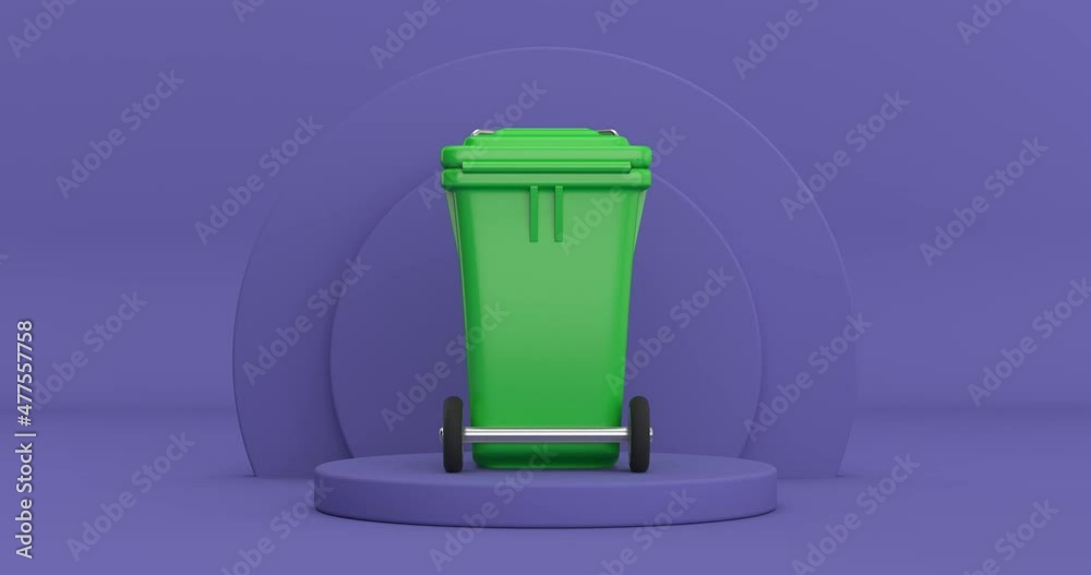 Aufkleber 4k resolution video: green garbage recycle trash bin rotating over violet very peri cylinders produc
